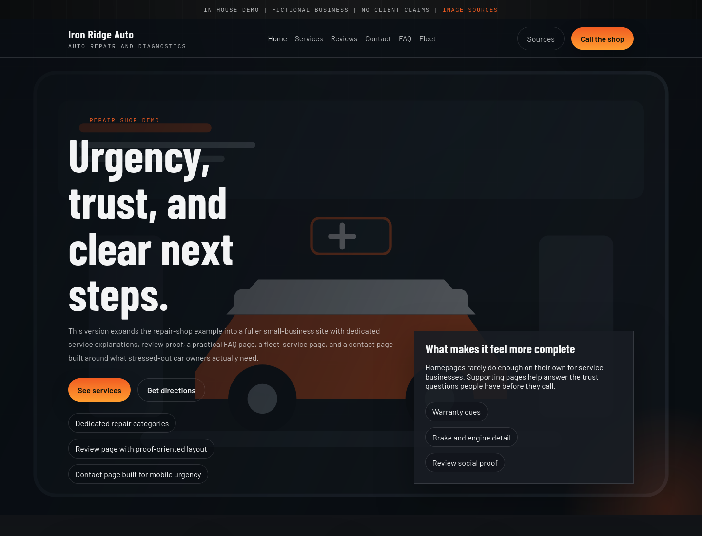 Homepage screenshot of an auto repair website redesign example.