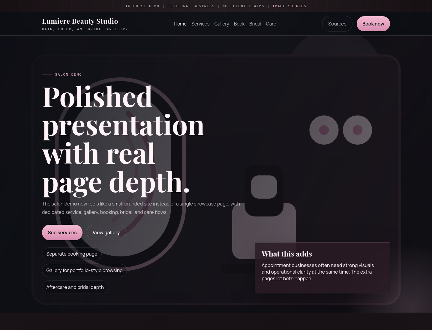 Homepage screenshot of a beauty studio website example.